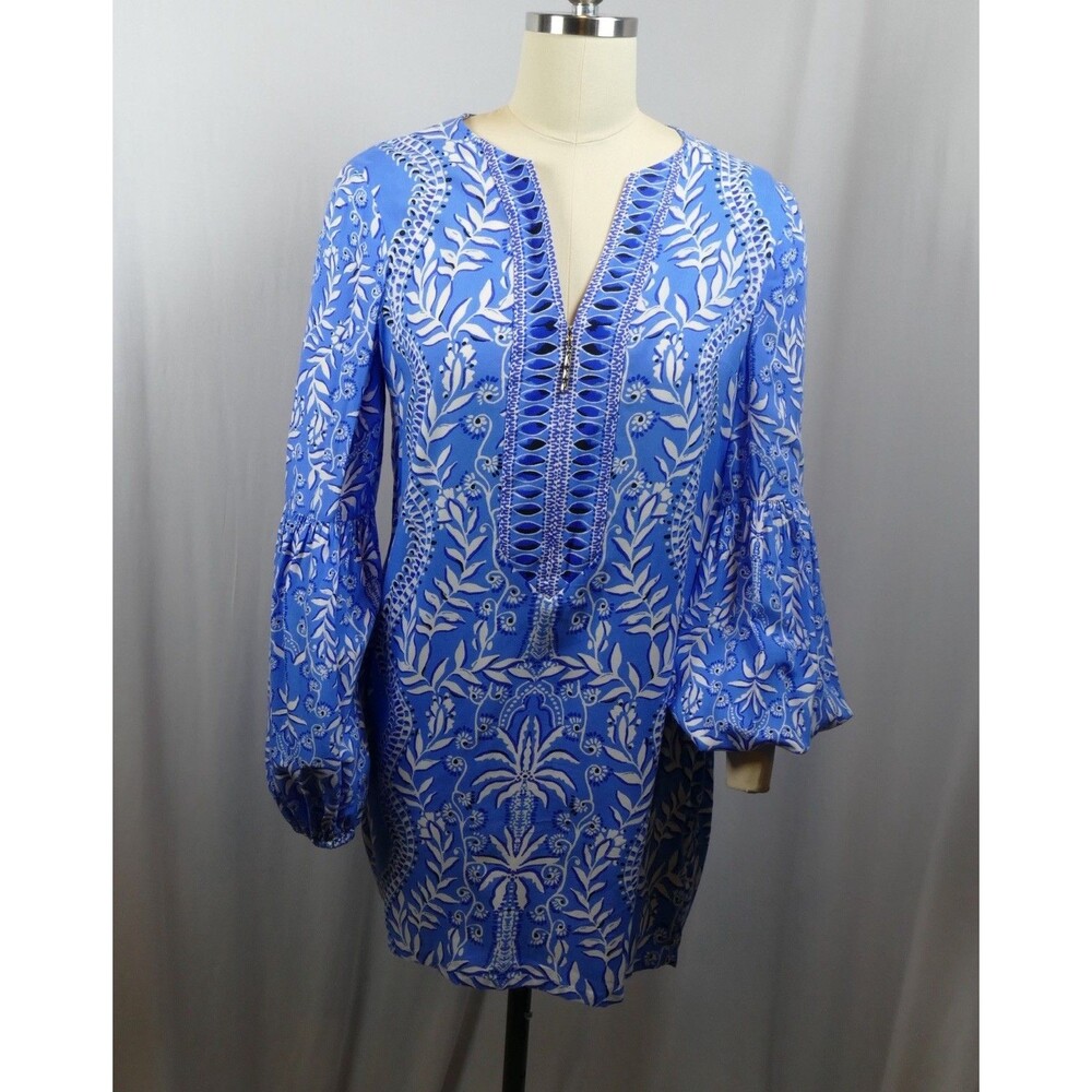 Lilly Pulitzer Blue White Tunic Top Womens 4 Long Sleeve V Neck